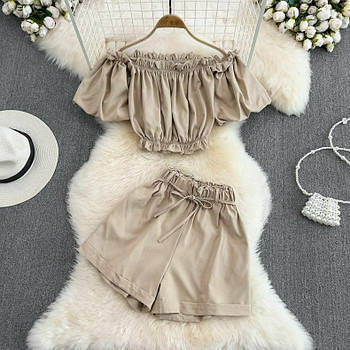 Костюм жіночий літній з льону топ і шорти у кольорах (Норма)