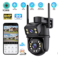 Wifi Двойная камера видеонаблюдения 8 мп 4K HD ICsee ptz поворотная уличная 8 mp с двумя объективами черная