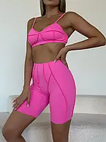 Жіночий фітнес костюм рожевий комплект для спорту залу йоги з топом і велосипедками зі швами навиворіт S