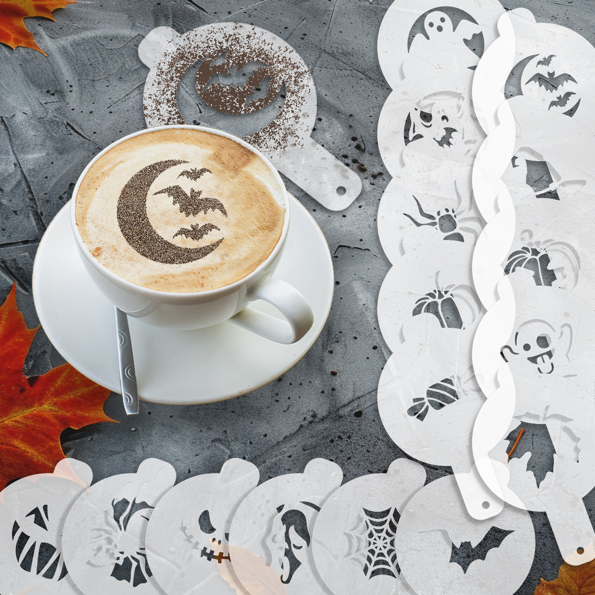 Набір трафаретів для кави та кондитерських виробів 16 шт 0,5мм (210х760) Святкові, фото 1