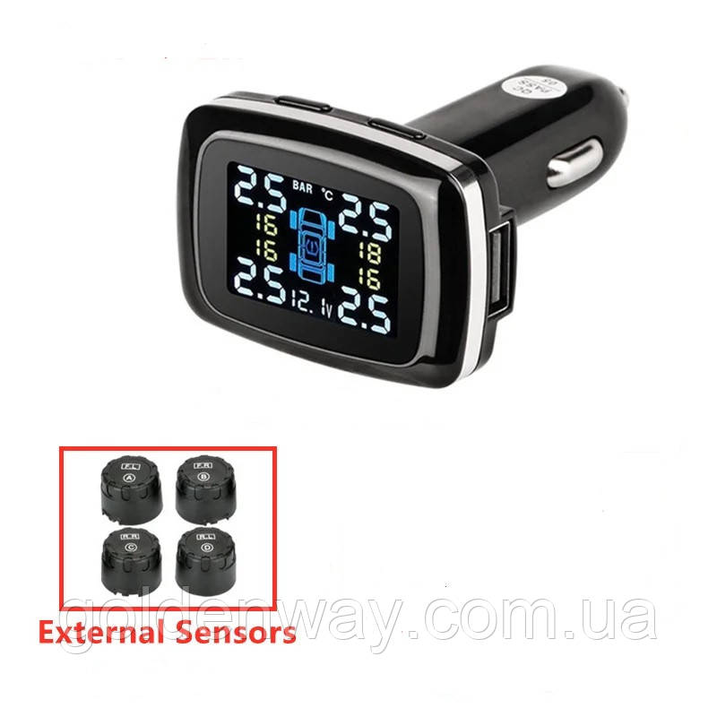 Система контролю тиску в шинах у прикурювач розетку TPMS TYD10-W + + зовнішні ковпачки датчики коліс