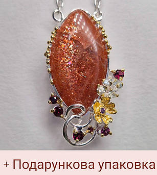 Срібне жіноче кольє з натуральними сонячним каменем, гранатами, топазами та аметистом у формі квітів