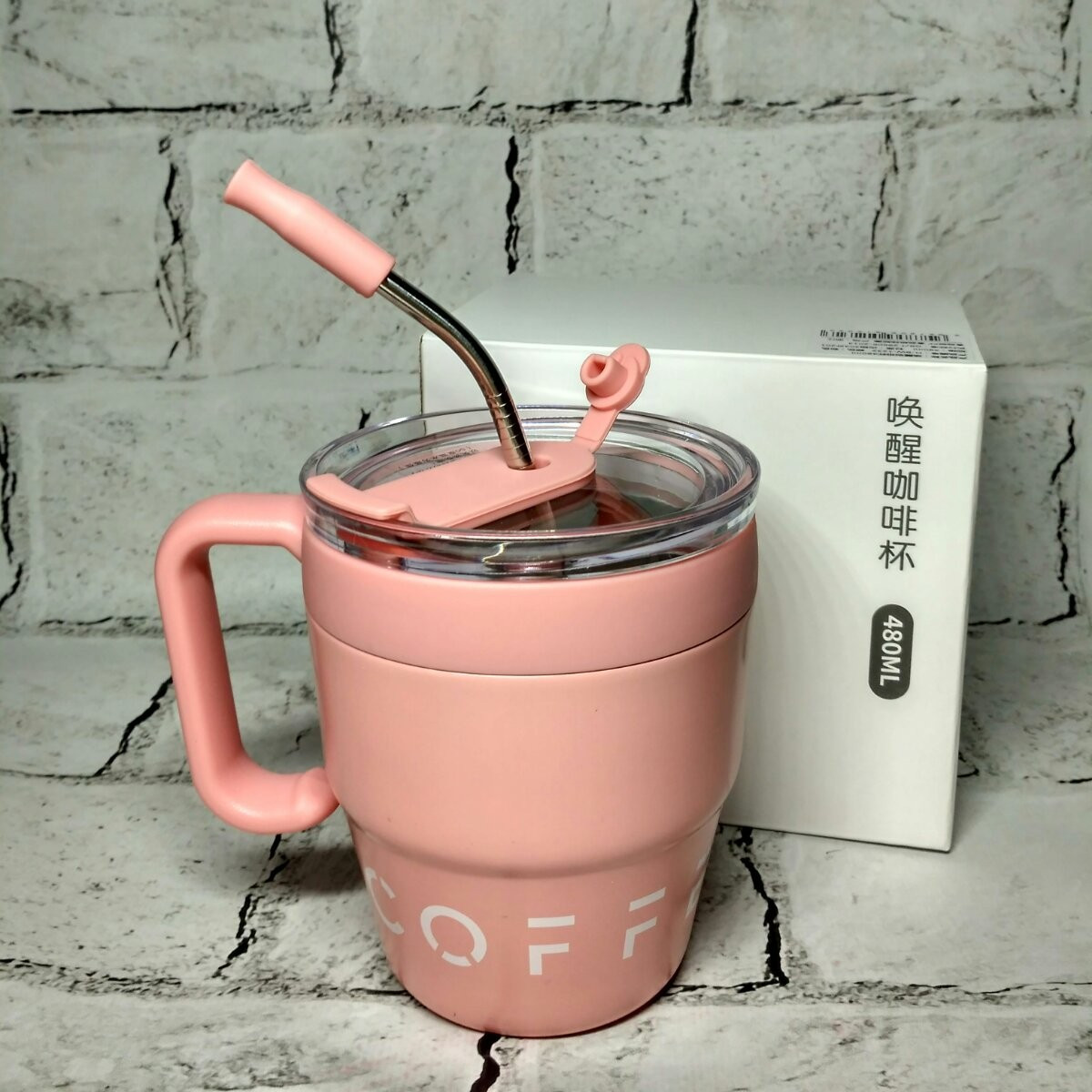 Термокухоль з трубочкою Coffee&Tea термочашка для кави 11,5х9х7 см 480 мл Рожевий H-BW-1234