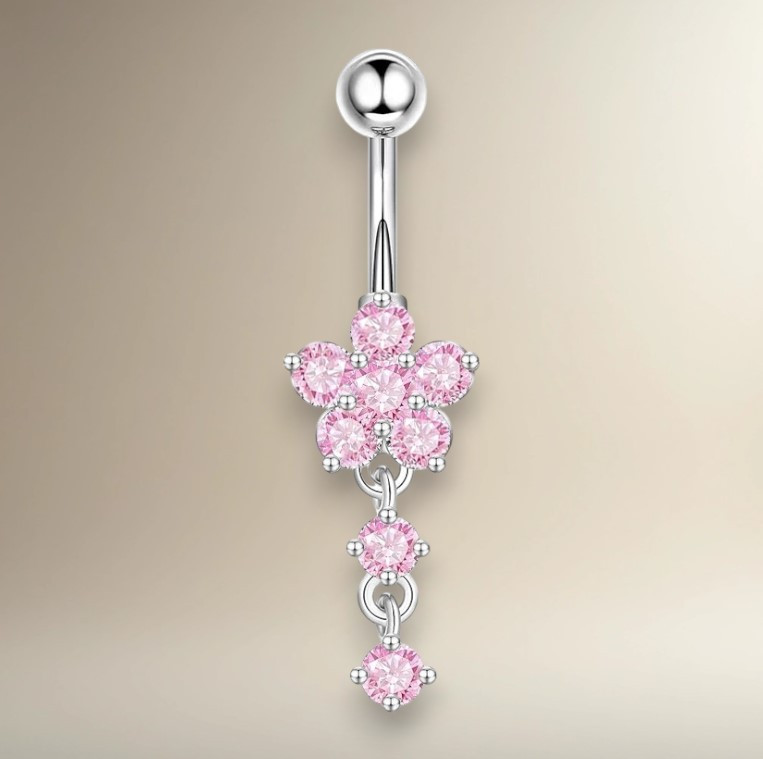 Сережка-бананка срібляста квітка з двома підвісками-колами рожеві фіаніти для пірсингу пупка IgnisFlos381, фото 1