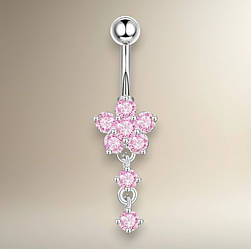 Сережка-бананка срібляста квітка з двома підвісками-колами рожеві фіаніти для пірсингу пупка IgnisFlos381