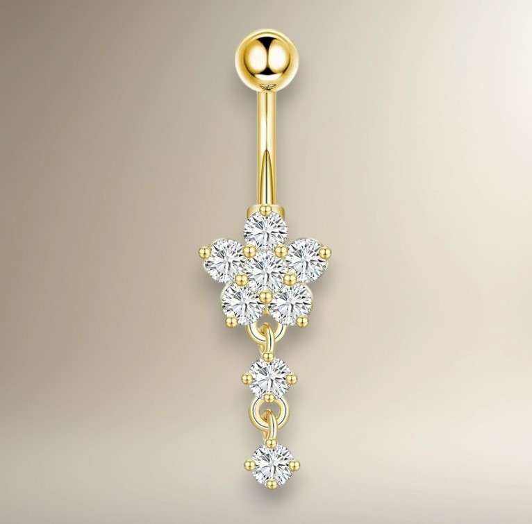 Сережка-бананка золотиста квітка з двома підвісками-колами білі фіаніти для пірсингу пупка IgnisFlos381, фото 1
