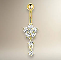 Сережка-бананка золотиста квітка з двома підвісками-колами білі фіаніти для пірсингу пупка IgnisFlos381