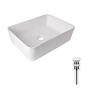 Комплект Qtap Tern: Раковина накладна прямокутна 480х370х135 мм White + Донний клапан PU02