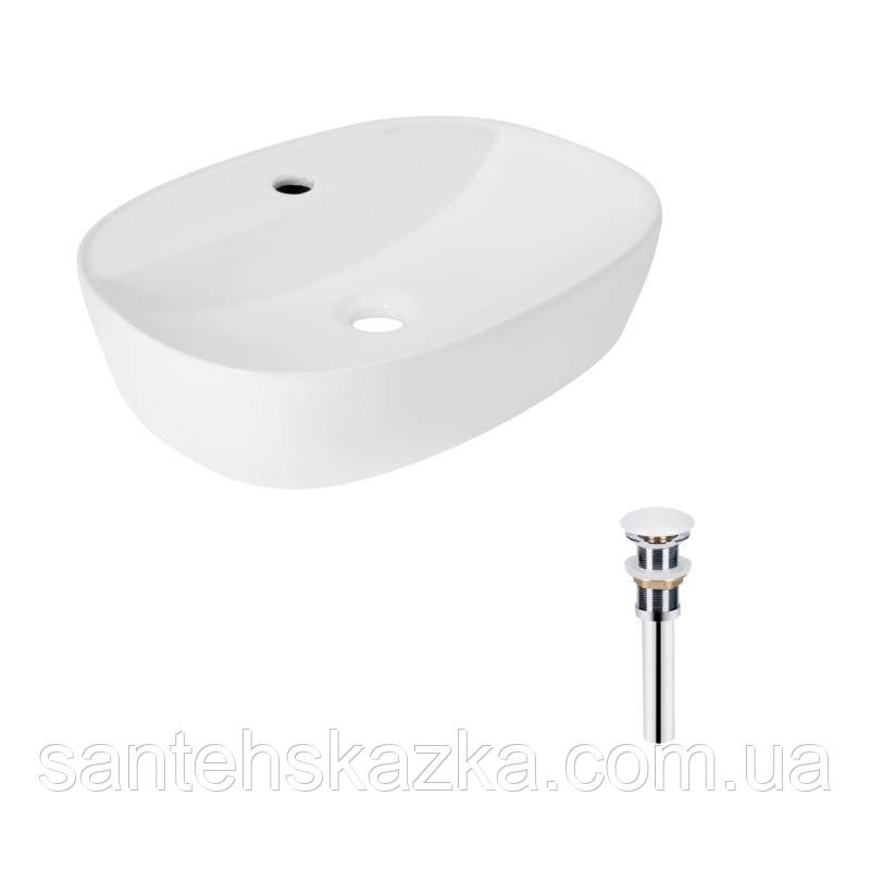 Комплект Qtap Scorpio: Раковина накладна овальна 500x380x120 мм White + Донний клапан PU02, фото 1
