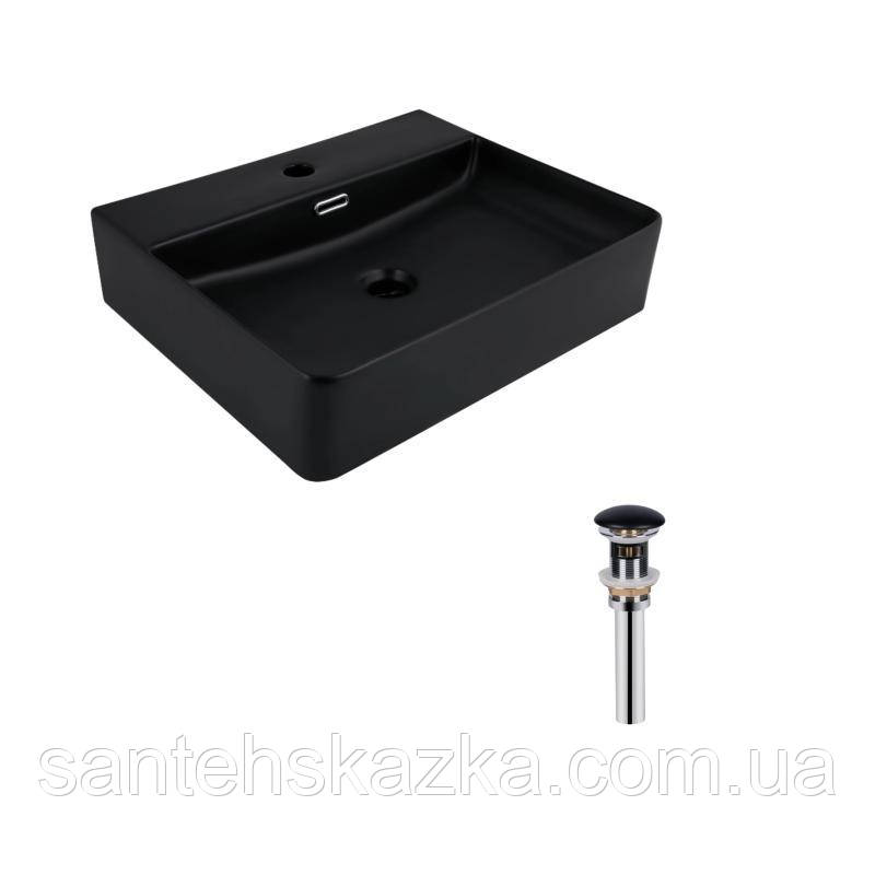 Комплект Qtap Nando LT: Раковина підвісна прямокутна 500х420х130 мм Matt Black + Донний клапан PU03O, фото 1