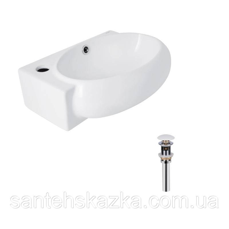 Комплект Qtap Leo: Раковина підвісна овальна ліва 430x285x160 мм White + Донний клапан PU02O, фото 1