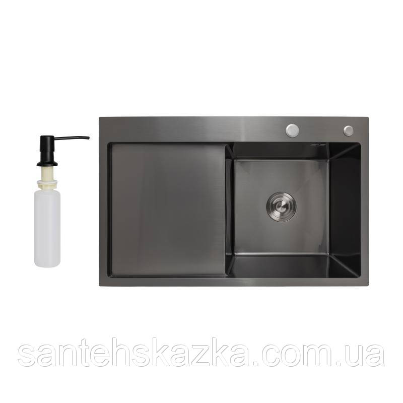 Мийка для кухні інтегрована Lidz Handmade H7849BL крило зліва (LDH6545BPVD43623) Brushed Black PVD 3,0/1,0, фото 1