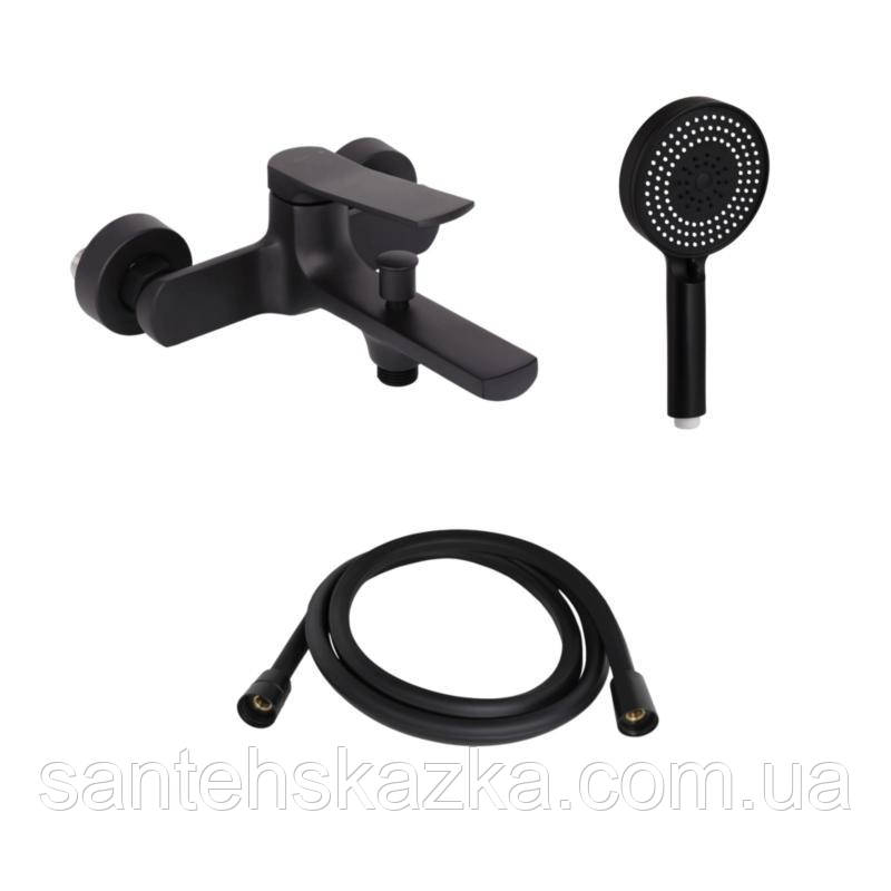 Комплект Qtap Slavonice Black Matt: Змішувач QTSLA259BLM45918 + Шланг QTHADPVCSQ160B + Лійка QTRUC125BLM45951, фото 1