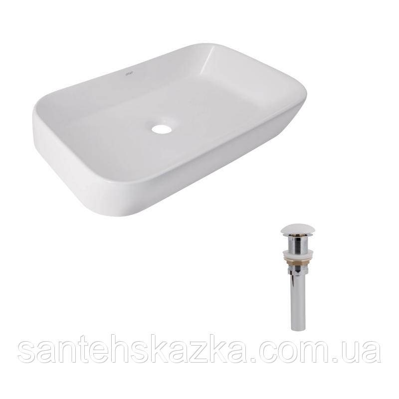 Комплект Qtap Scorpio: Раковина накладна 550x390x120 мм, White, прямокутна + Донний клапан Pop-up PU02, фото 1