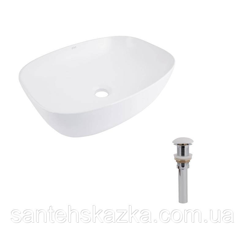 Комплект Qtap Cardinal: Раковина накладна 600x380x140 мм, White, овальна + Донний клапан Pop-up PU02, фото 1