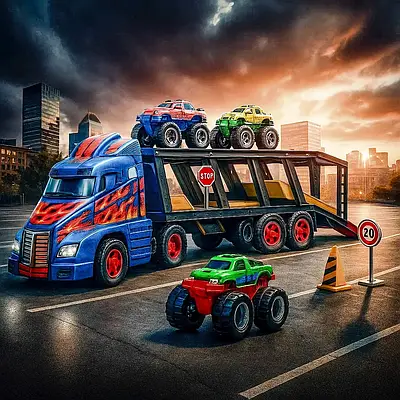 Великий іграшковий трейлер автовоз і набір 5 машинок Монстр трак дитині Трамплін для трюків декорації метал