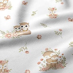 Бязь "Сови на пеньках з квітами" на білому тлі № Е-3510