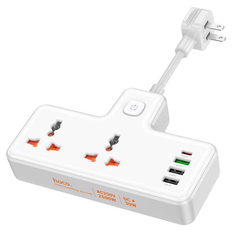 Мережевий подовжувач HOCO AC12 Reise 2-position expansion socket(PD30W/1C3A) (US) White, фото 1