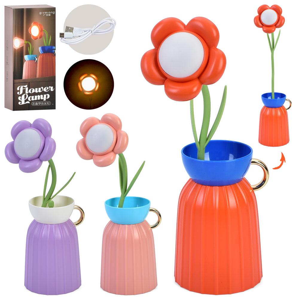 Нічник GL371 (30шт) квітка у вазі, 34см, світло-3 режими, акум, гнучке стебло, 3 кольори, USBзарядне, в, фото 1
