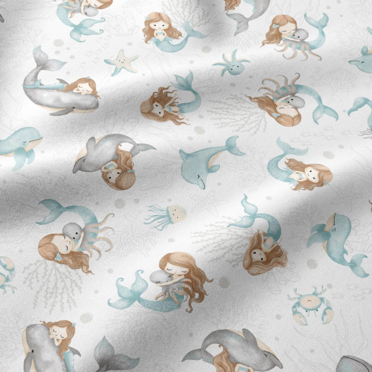 Бязь "Русалка з дельфінами" м'ятного кольору з сірими коралами № Е-3330, фото 1