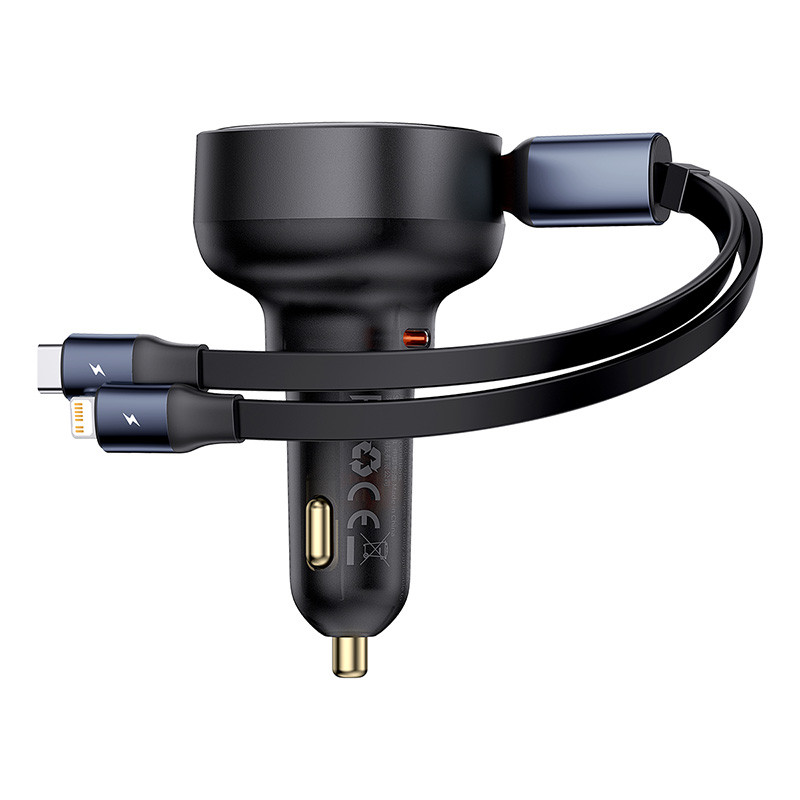Автомобільний зарядний пристрій Baseus Enjoyment Pro Car Charger C+Retractable C & iP Cable 60W Cluster Black, фото 1