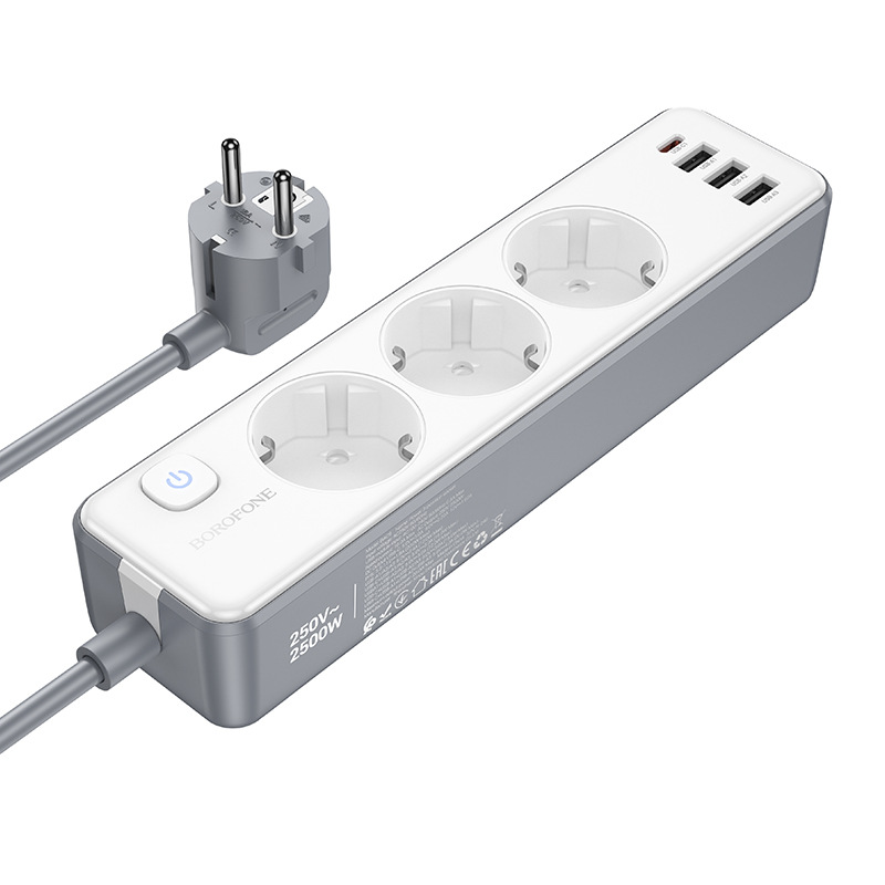 Мережевий подовжувач BOROFONE BAC9 Power 3-position socket(PD20W/1C3A)(EU/GER)(L=2M) White, фото 1
