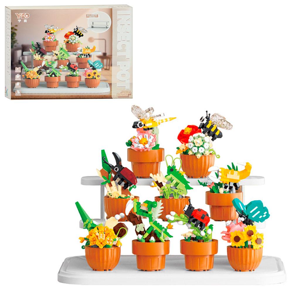 Конструктор P2294 (12шт) набір квітів у горщиках, комахи, 1670дет, в кор-ці, 36-29-9см, фото 1