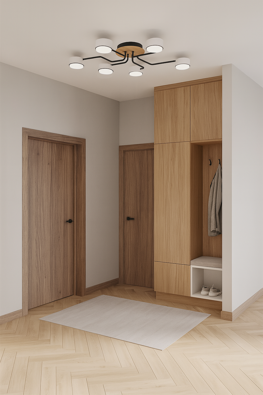 Люстра в чорному з сірим з деревом для кухні, коридору, невеликої кімнати, спальні, зали, фото 1