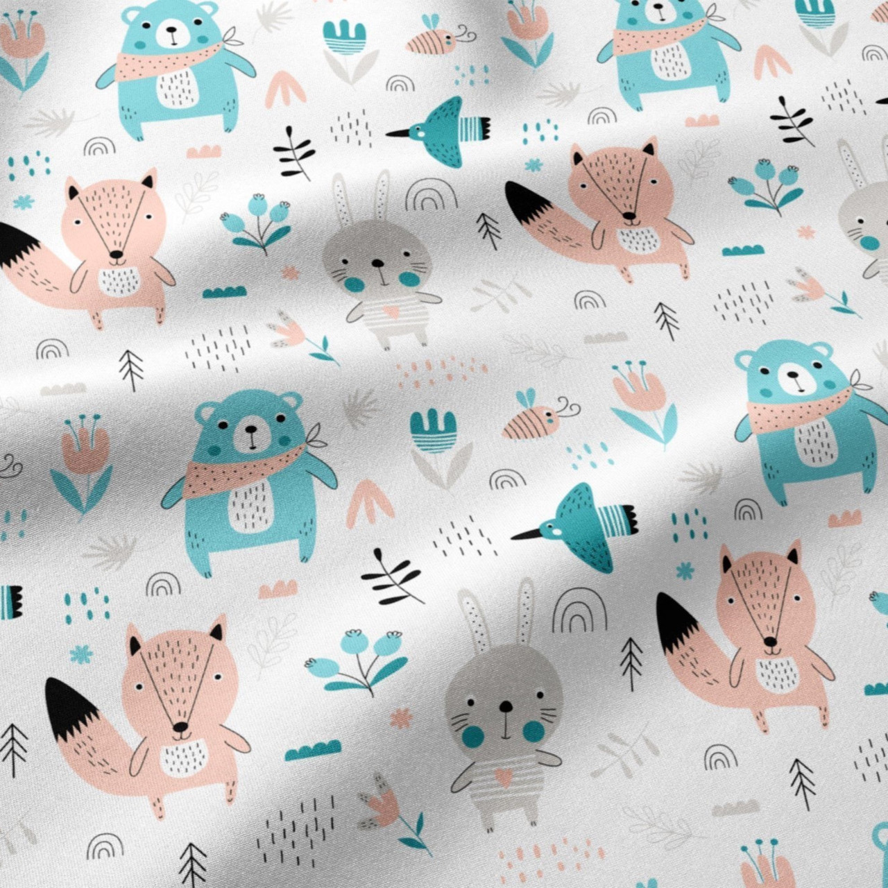 Тканина бавовняна "Звірята" м'ятно-пудрових і сірих кольорів білому тлі No1627, фото 1