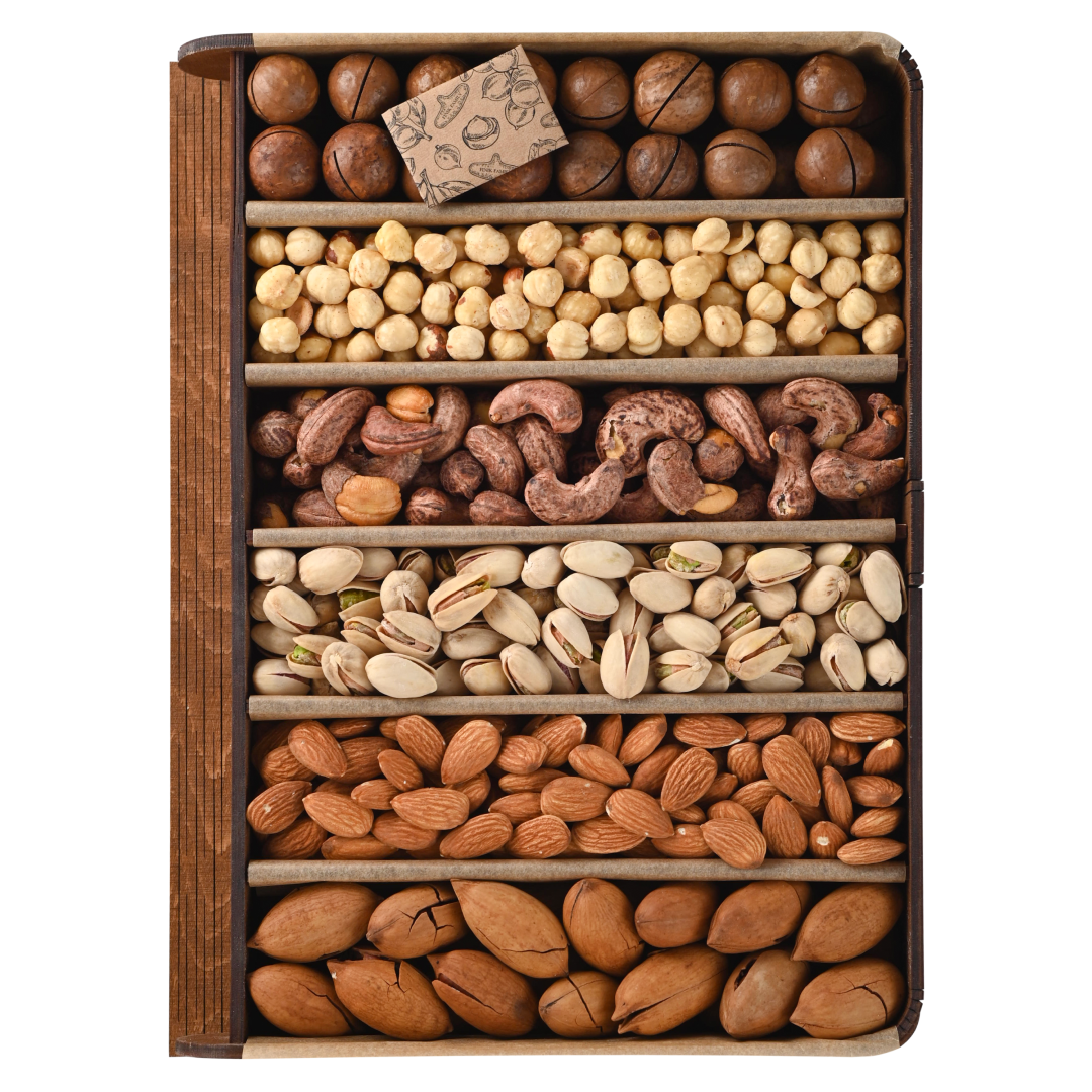 Подарунковий набір з горіхами у Деревʼяній книзі big на 6 секцій, фото 1
