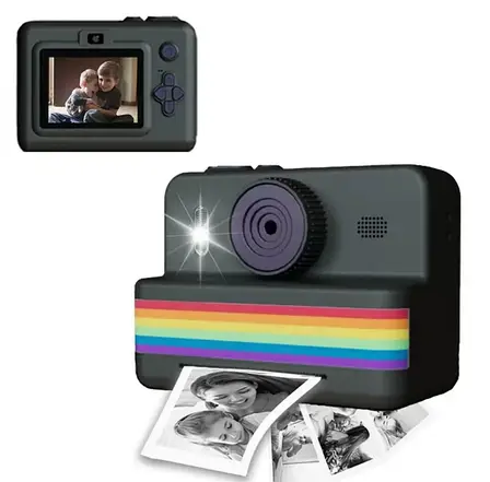 Дитяча цифрова фотокамера RAINBOW 2,8" миттєвий друк з термопринтером 1500 мАч Чорний, фото 1