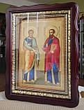 Ікона Святих апостолів Петро і Павло у темному дерев'яному фігурному кіоті під склом, кіот 39*29, сюжет 20*30., фото 2