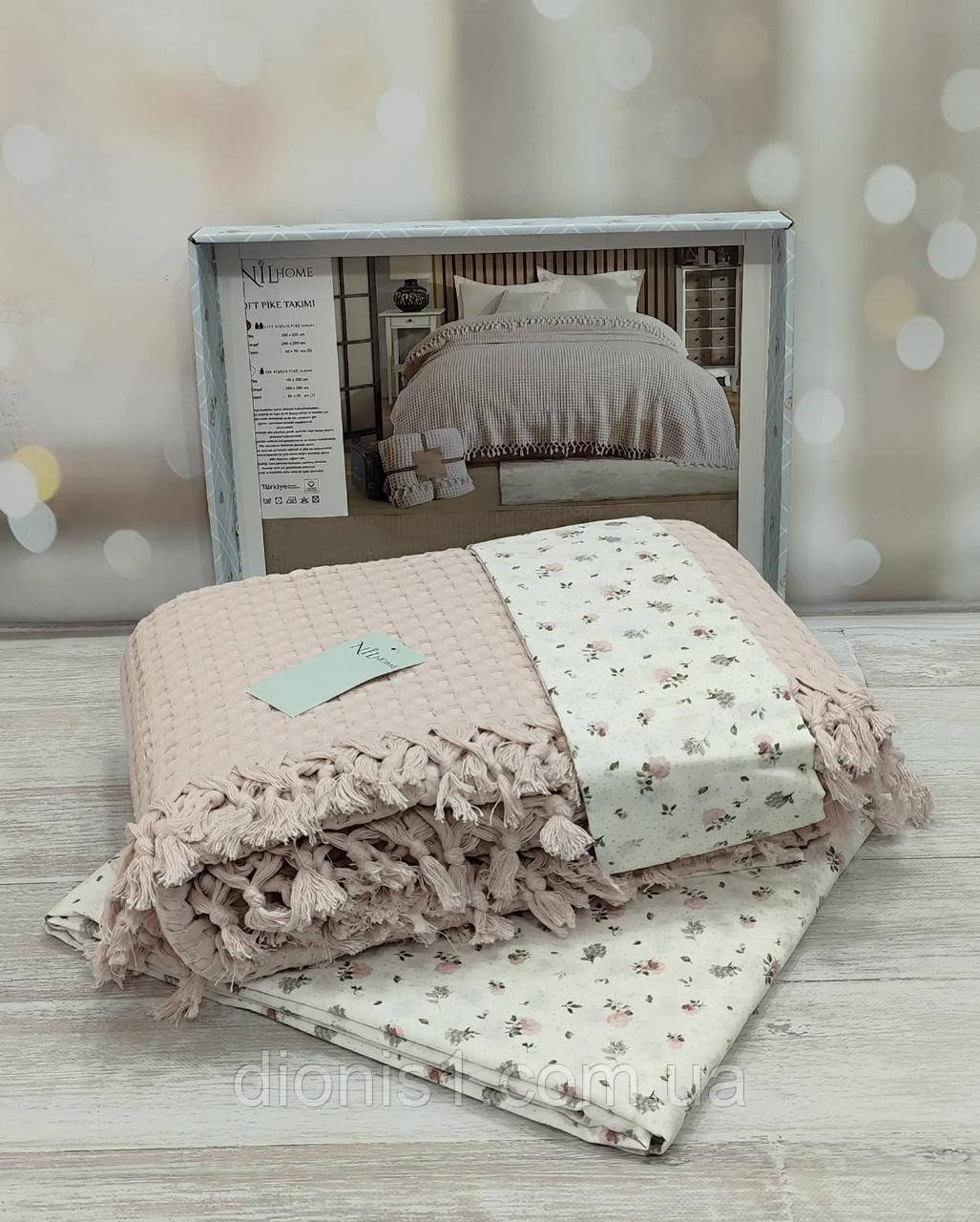 Літній комплект постільної білизни з вафельним пледом, 200*220см наволочки 50х70см Туреччина, фото 1