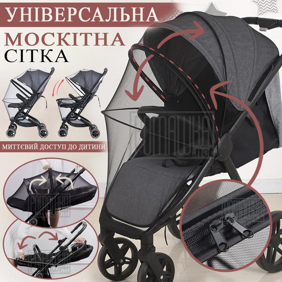 Універсальна москітна сітка на блискавці/замку для коляски люльки/прогулянкової приставного ліжечка