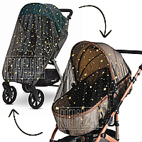 Універсальна протимоскітна сітка на дитячу коляску дитячий візочок на резинці 3966ЗВ 140х90, Чорна із зірками