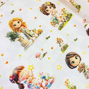 Ранфорс DIGITAL з цифровим друком 5D, дівчатка з квіточками на білому (ТУРЦІЯ шир. 2,4 м) (R-FR-0860)