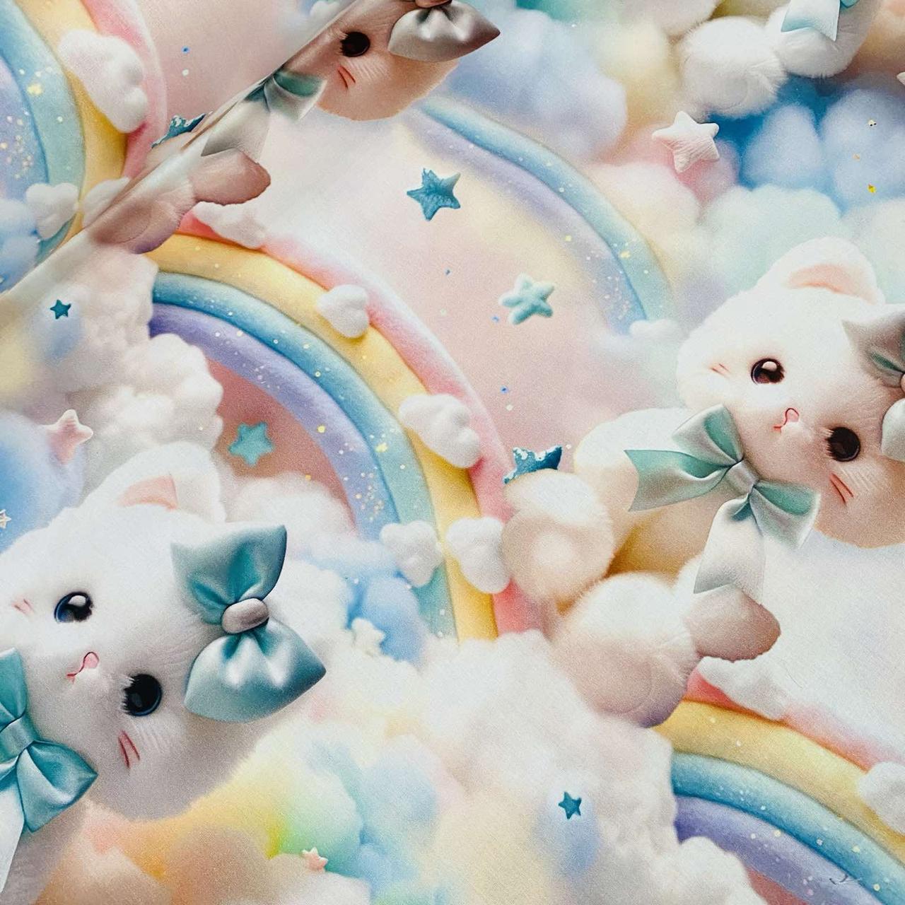 Ранфорс DIGITAL з цифровим друком 5D, котики з бантиками та веселками (ТУРЦІЯ шир. 2,4 м) (R-N-0862), фото 1