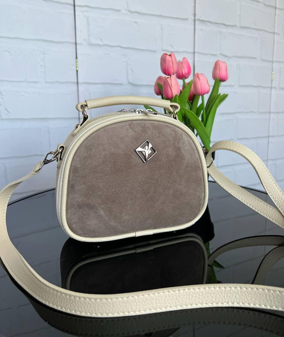 Жіноча сумка через плече маленька сумочка бежева натуральна замша+шкірзам