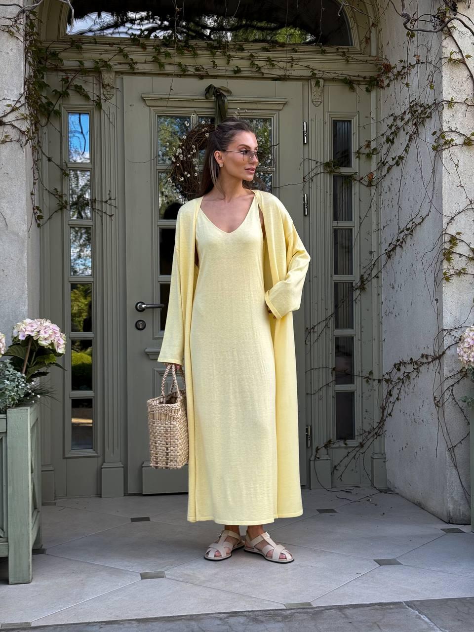 Жіночий бавовняний комплект сарафан міді з кардиганом, фото 1