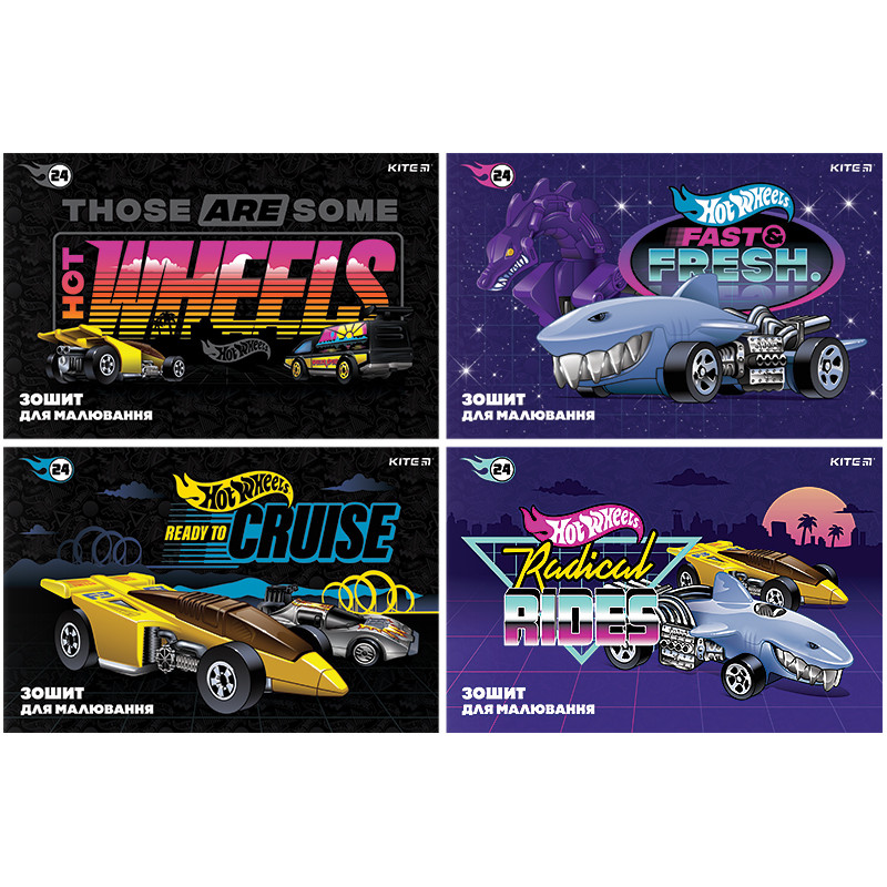 Альбом для малювання 24л, A4, скоба, KITE, гібрид. +УФ ЛАК / Hot Wheels