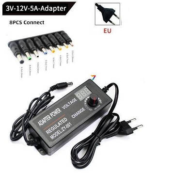 ADJ AC/DC Adapter 3-12V 5A with 8 connectors AC/DC Мережевий адаптер універсальний. Вхід: AC 220 В. Вихід: DC 3-12 В 5A. 8 різних