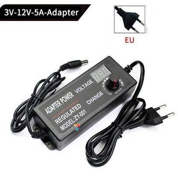 Adjustable Power Supply Adapter 3-12V 5A AC/DC Мережевий адаптер універсальний. Вхід: AC 220 В. Вихід: DC 3-12 В 5A. Роз'єм: