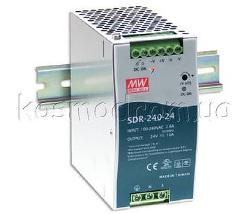 SDR-240-24 AC/DC перетворювач: на DIN рейку 240 Вт вихід 24В @ 10А вхід: 88… 264VAC / 124… 370VDC -25...70°C