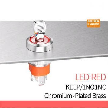 LB16NZ-P11Z-R5-24V-N2 Тумблер металевий, діаметр 16 мм, живлення 5-24В, з фіксацією, хромовані, колір індикації: RED