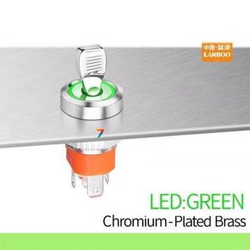 LB16NZ-P20Z-G5-24V-N3 Тумблер металевий, діаметр 16 мм, живлення 5-24В, з фіксацією, хромовані, колір індикації: GREEN, 2NO