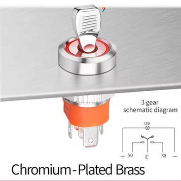 LB16NZ-P20Z-R5-24V-N3 Тумблер металевий, діаметр 16 мм, живлення 5-24В, з фіксацією, хромовані, колір індикації: RED, 2NO