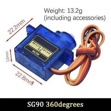 SERVO-SG90-360 Сервопривод аналоговий: Зусилля на валу: 1,8 кг / см (4.8V): Швидкість: 0.1 сек. / 60 град. (4.8v): Робоча напруга: