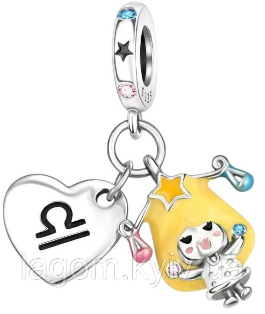 Срібний шарм-підвіска в стилі Pandora 925 проба Libra знак зодіаку Терези шармик-намистина на браслет ПАНДОРА, фото 1