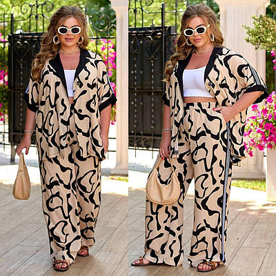 Жіночий літній брючний костюм зі штапелю з піджаком оверсайз і лампасами, розміри 48–58