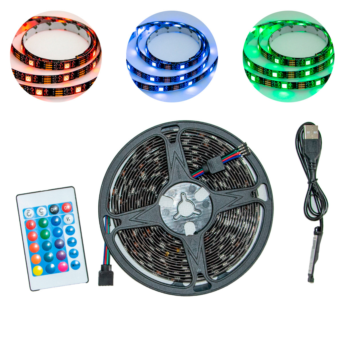 Світлодіодна стрічка з пультом RGB 5М SMD5050 USB, чорна основа, лід стрічка для кімнати, пк, стелі (ST), фото 1